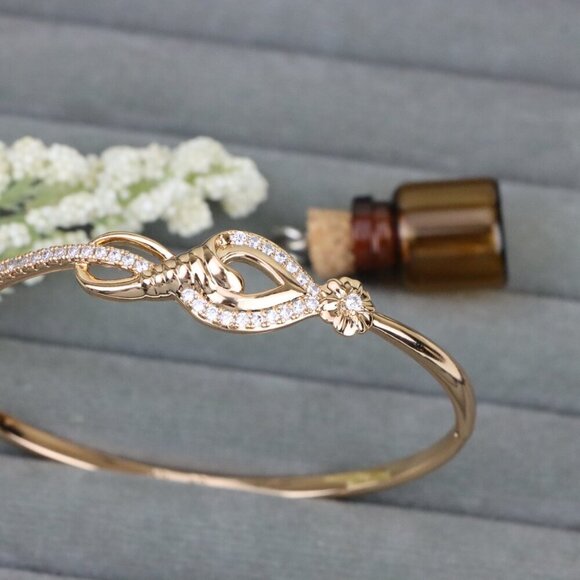 Elegant Teardrop Rose Gold Bangle with Floral Accent and Stones, XPBL0467 - Picture 10 of 12